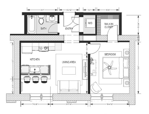 Floor plan for 1 bed, 1 bath, 619 sqft